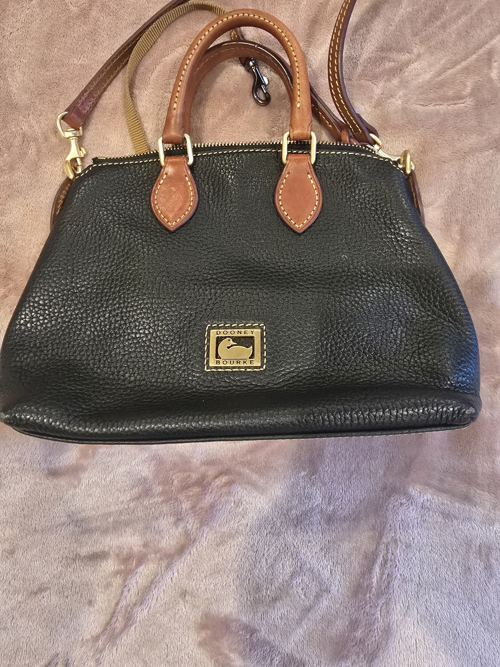 Dooney & Bourke Black Pebbled Leather Satchel with Tan Trim